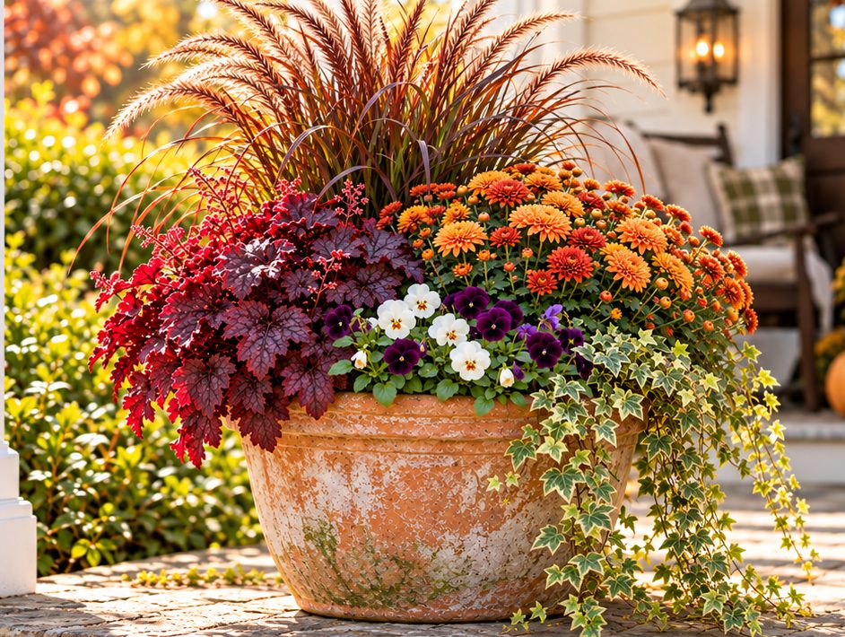 A terracotta pot filled with purple fountain grass, orange mums, pansies, heuchera and ivy on a porch